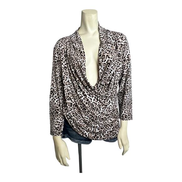 Chaus Tops - Leopard Draped Plunge Blouse Shirt Low Cut V-neck Top L Large Cheetah Cocktail